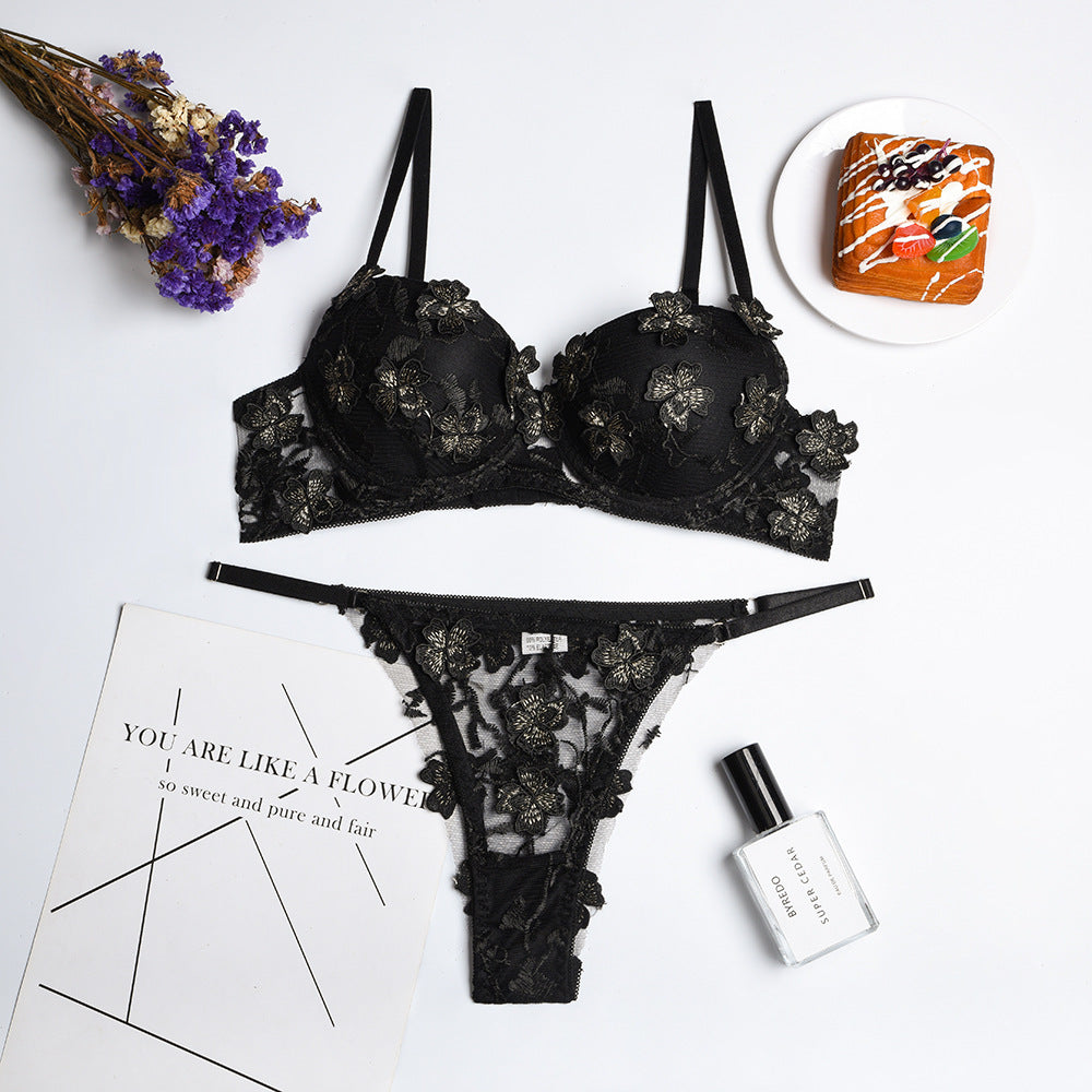 Love&S Cute Blossom Heavy Embroidery Pink Pushup Bra & Panty Set