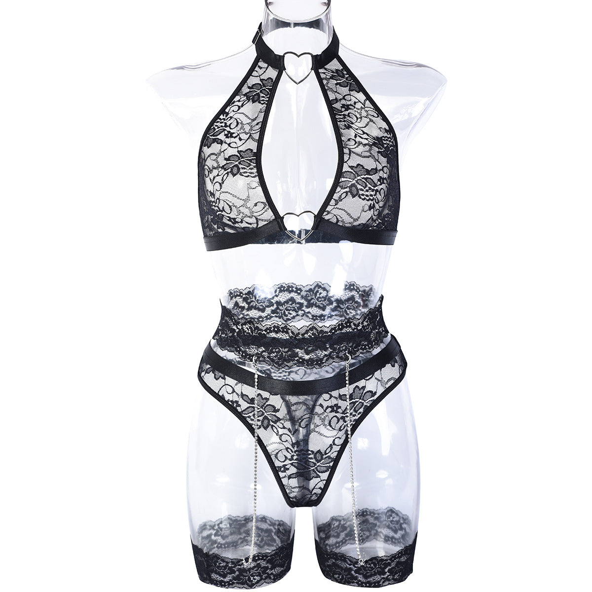 Love&S Hollow Heart Shinny Chain Lace Bra & Panty Set