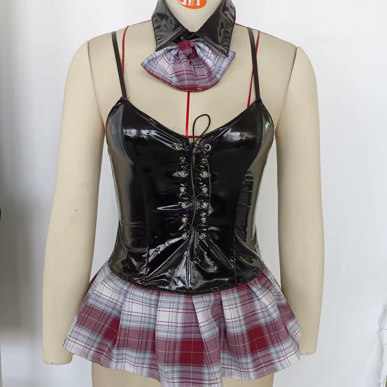 Love&S Lacquer/PVC Plaid Bowtie Student Costume